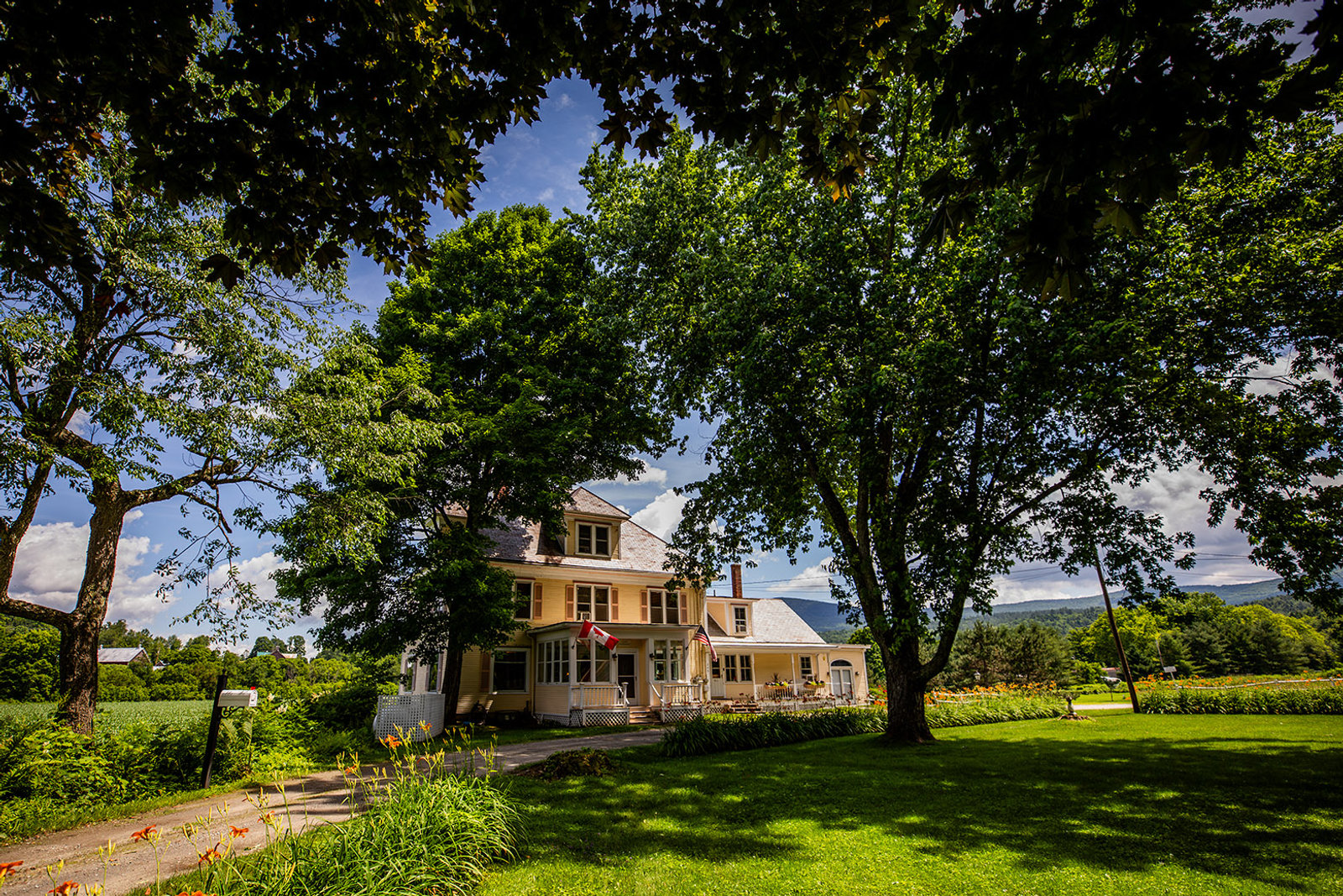 The inn surrounded by green summer foliage